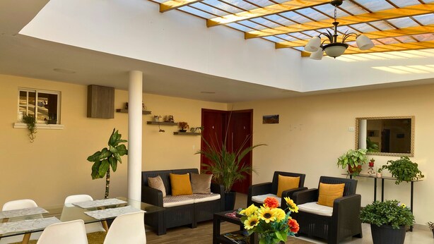 A spacious living area with a high ceiling, a glass dining table, comfortable seating, and potted plants.