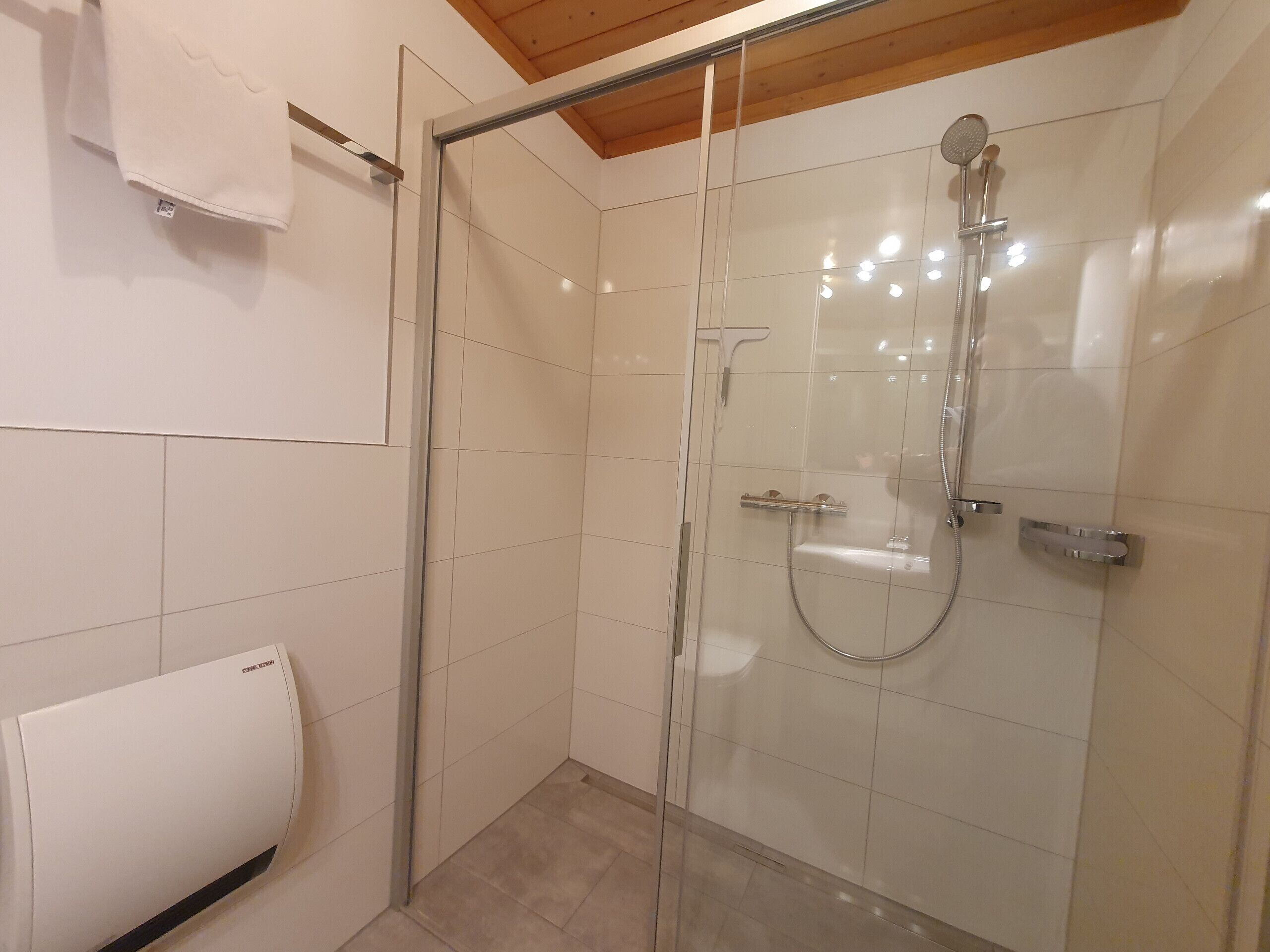 A glass-enclosed shower with a handheld showerhead and a wall-mounted faucet.