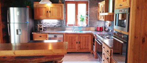A kitchen with wooden cabinets, a stainless steel refrigerator, a dishwasher, a stove, and a window with a plant.