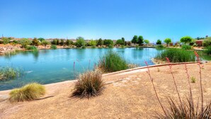 Un entorno tranquilo junto al lago, con aguas cristalinas, rodeado de vegetación y un primer plano arenoso.