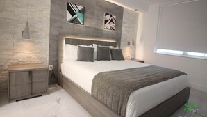 Een moderne slaapkamer met een groot bed, een nachtkastje, een wandlamp en abstracte kunst aan de muur.