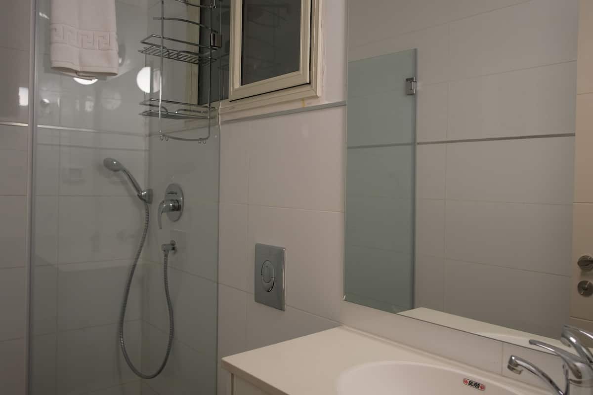 shower, designer toiletries, hair dryer, towels