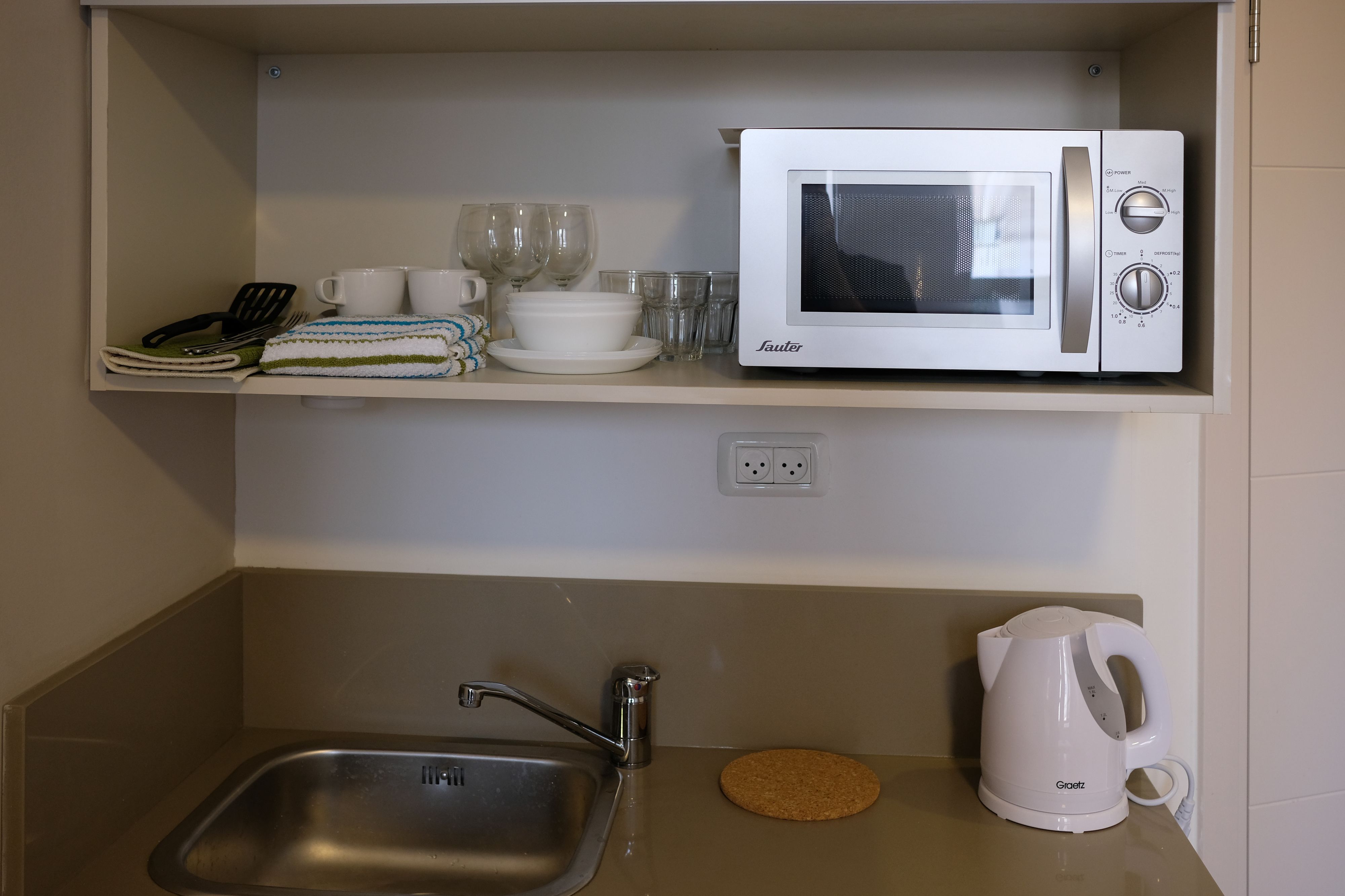 fridge, microwave, coffee/tea maker, electric kettle