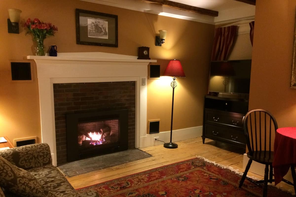 A living room with a fireplace, a patterned sofa, a red rug, and a dining table with a chair.