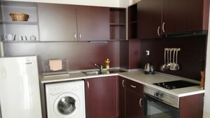 A compact kitchen with a washing machine, a stove, and a sink. - Vadim Apartments Vigo Panorama (Nessebar)