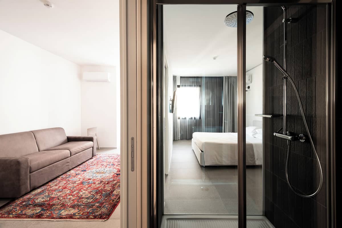 A modern hotel room with a sliding glass door leading to a bathroom with a shower. A sofa and a patterned rug are visible in the living area.