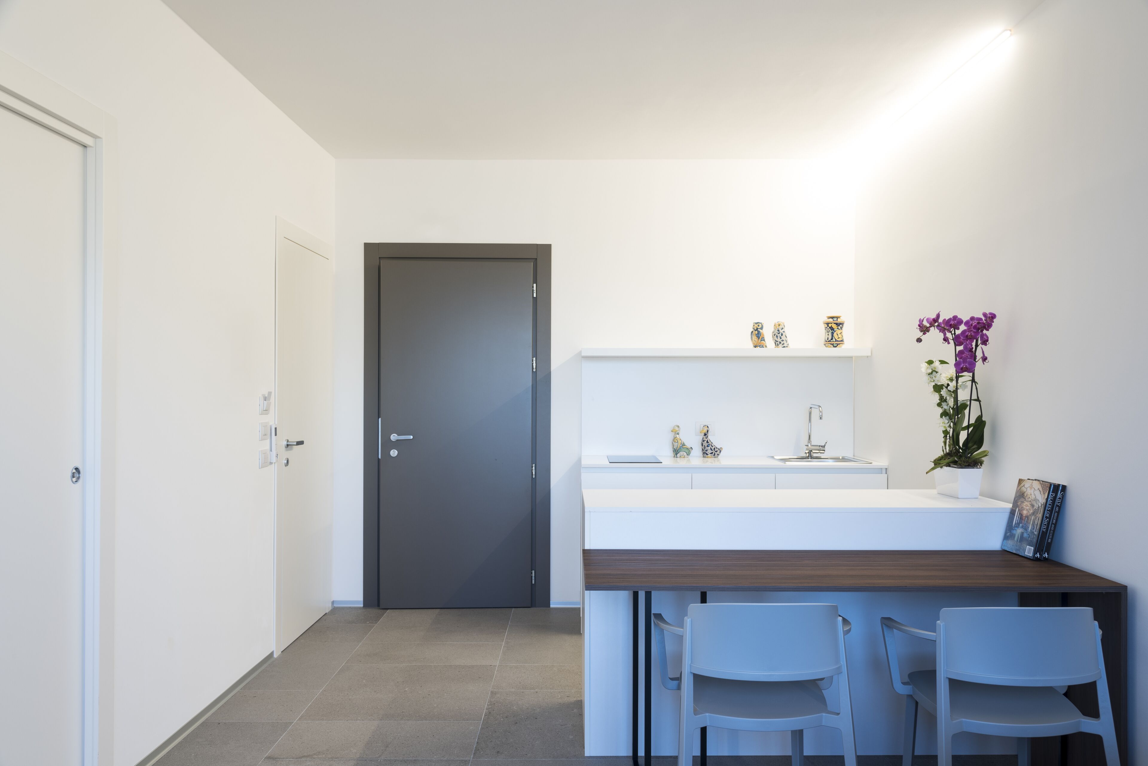 Cocina moderna con puerta oscura, paredes blancas y encimera de madera. Hay dos sillas blancas y un estante con objetos decorativos.