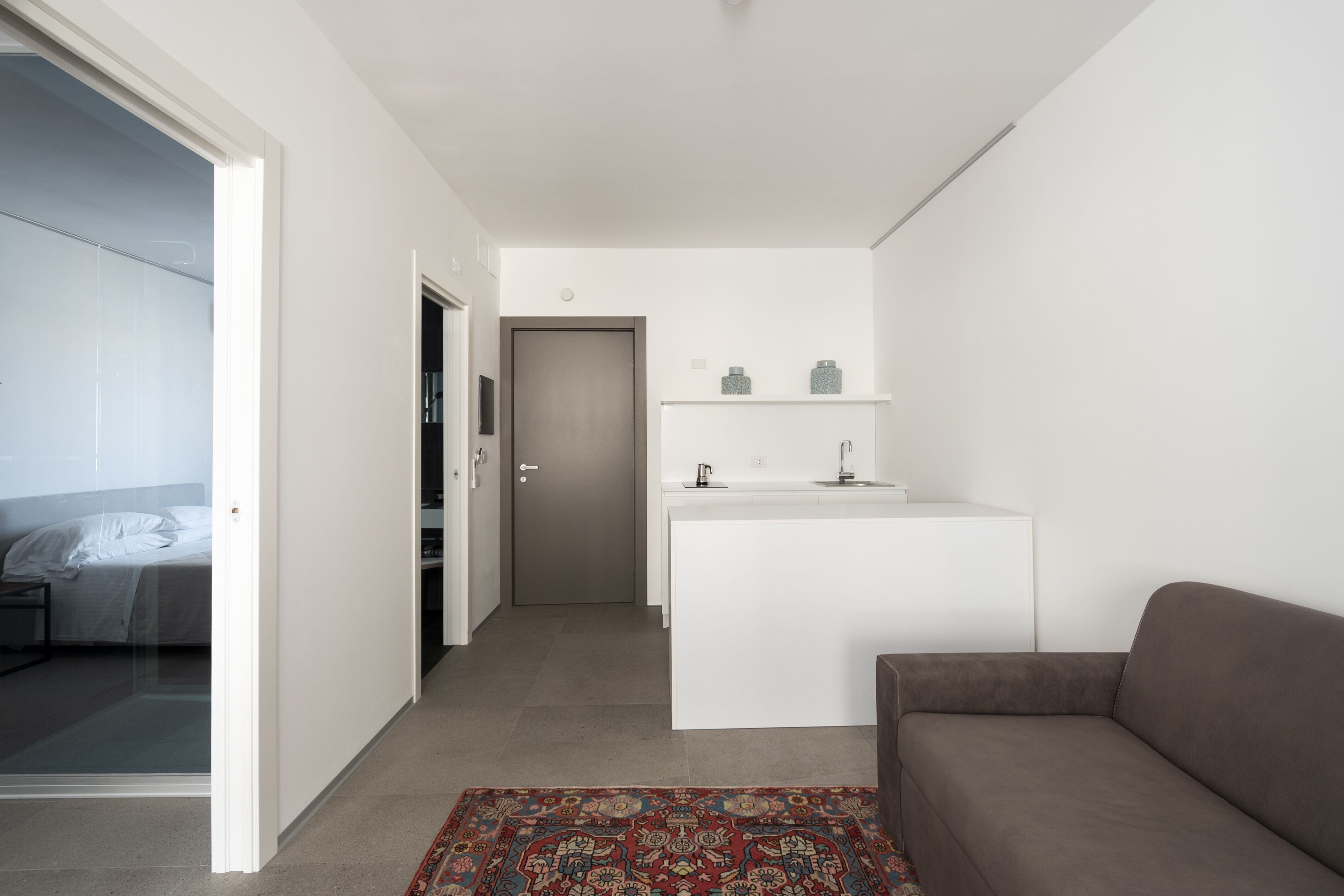 A modern, compact living space with a kitchenette, a sofa, and a patterned rug.
