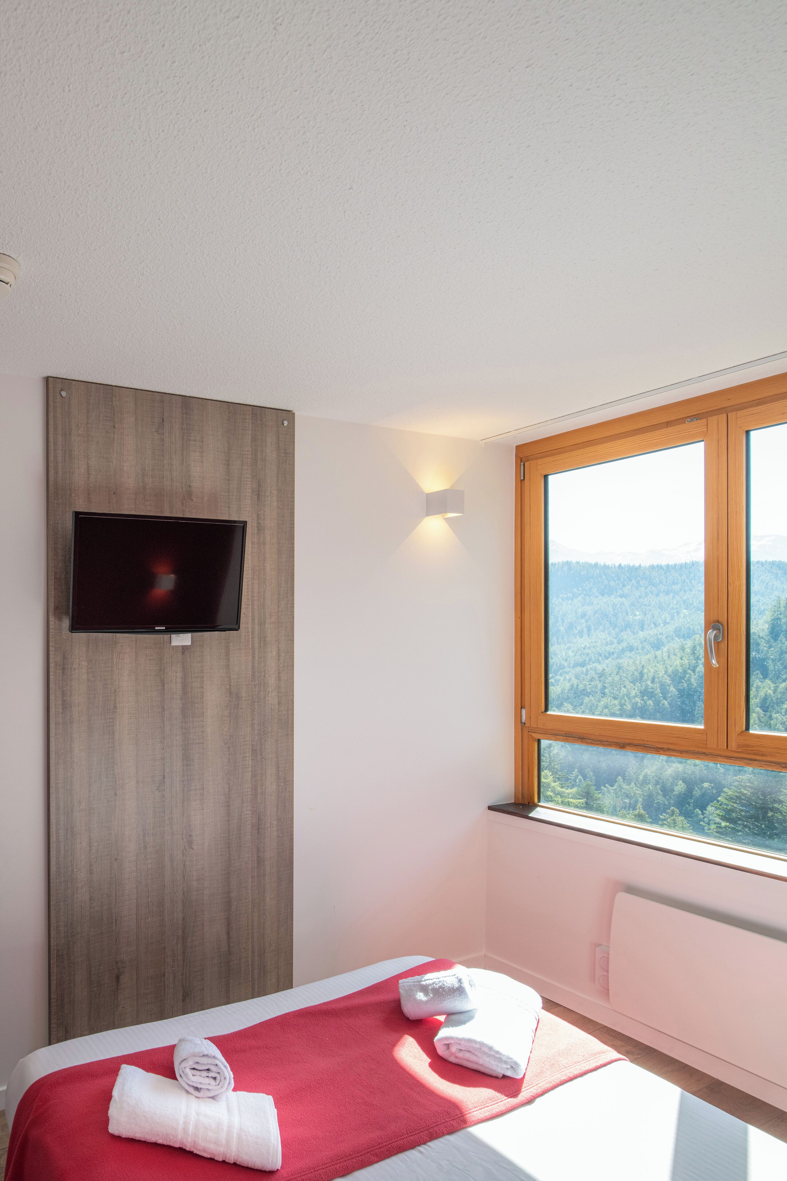 A hotel room with a bed, a TV mounted on a wooden panel, a window with a view of a forest, and a red towel on the bed.
