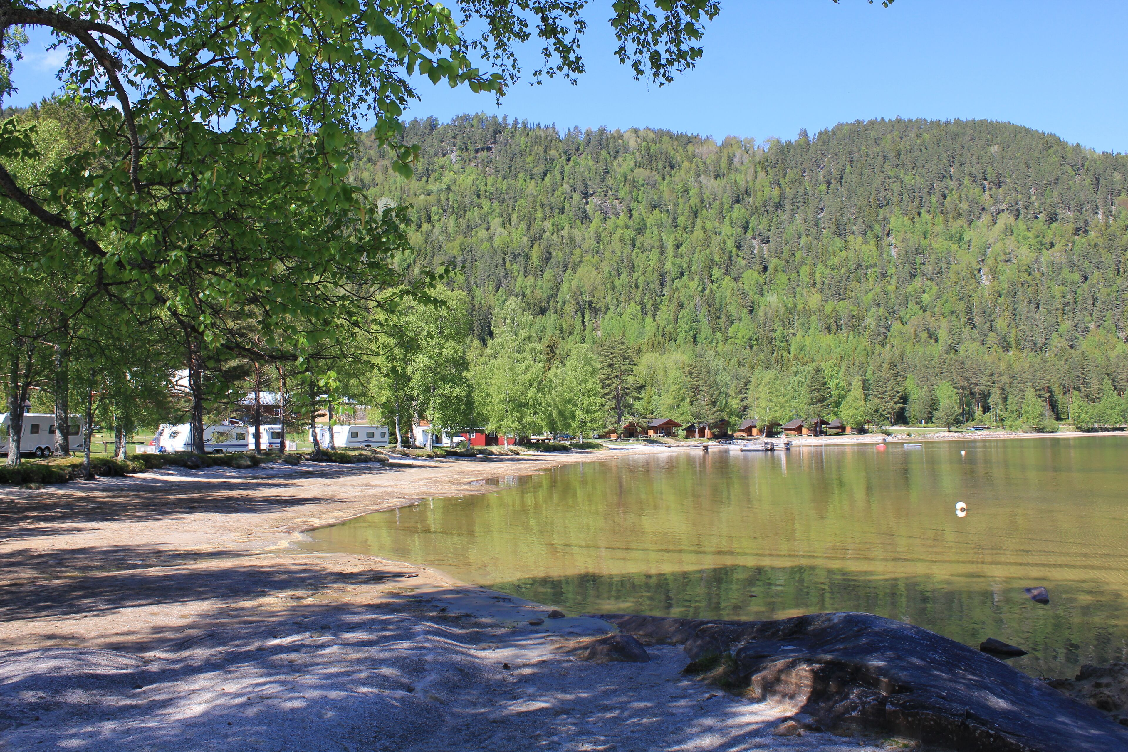 A lakeside campsite with tents and cabins, surrounded by dense forest and a clear sky.