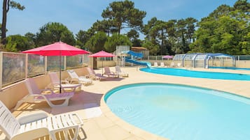 Indoor pool, outdoor pool, pool umbrellas, sun loungers