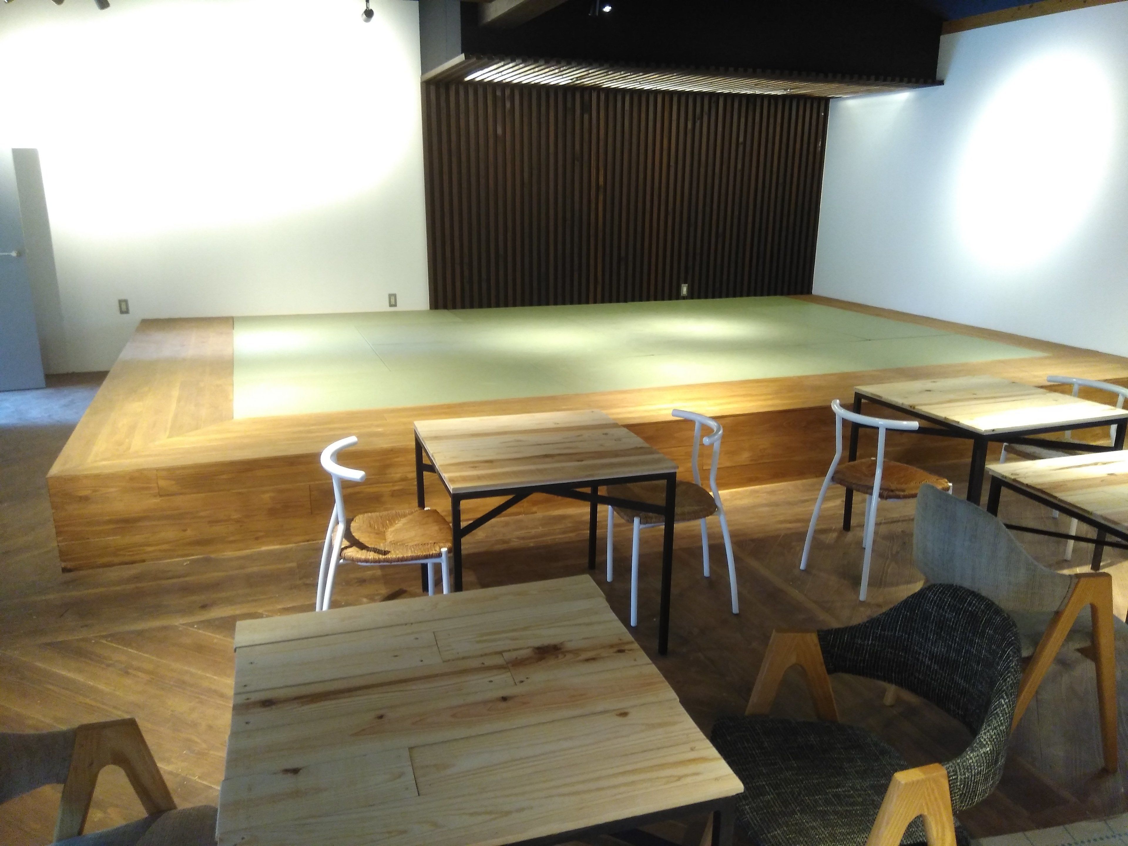 Une pièce spacieuse dotée d’un plancher en bois, de plusieurs tables et chaises, ainsi que d’un espace aménagé en scène.