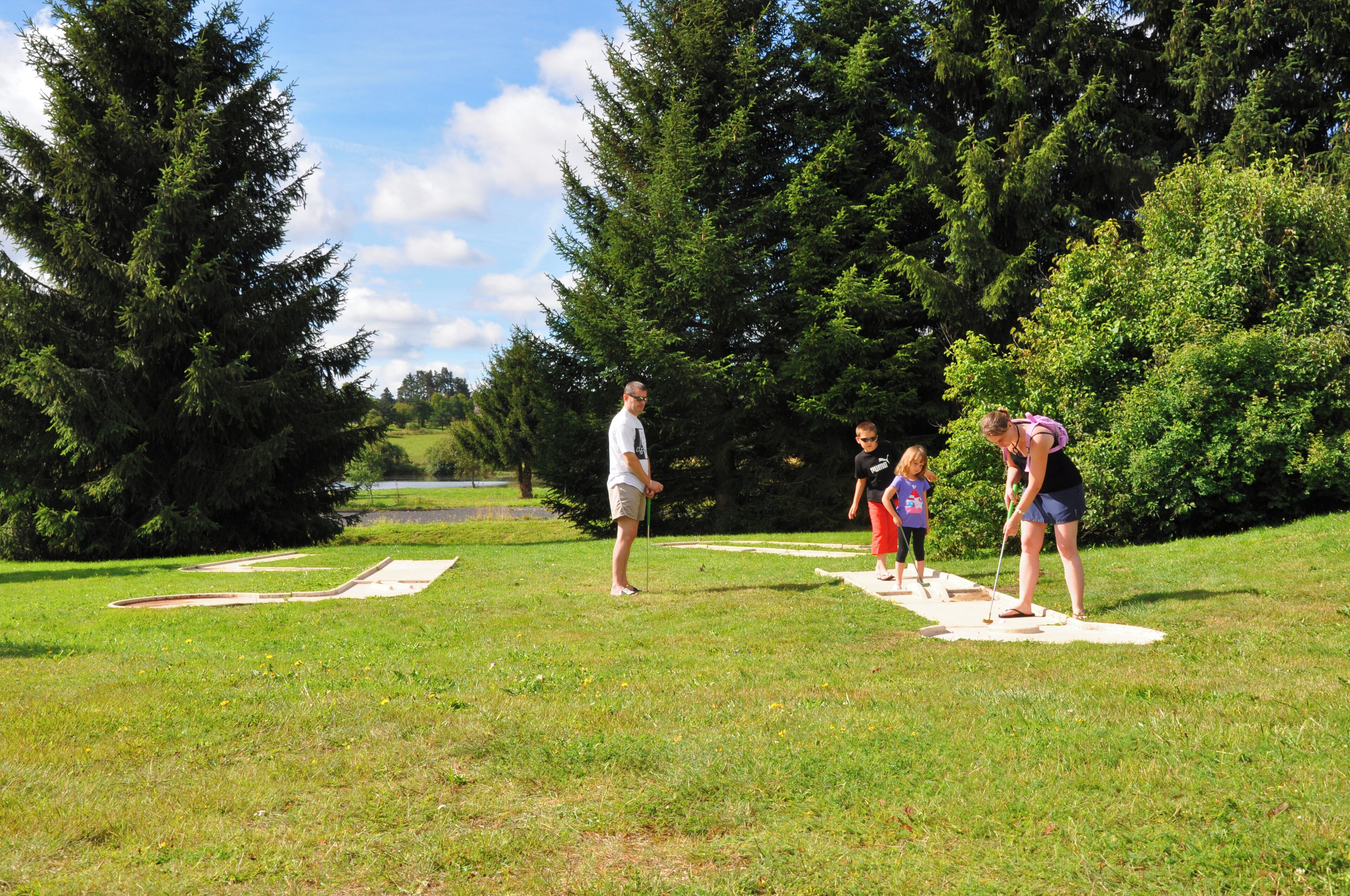 Un grupo de personas jugando croquet en un campo cubierto de césped, con árboles al fondo.