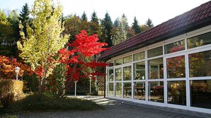 A building with large glass windows and a paved walkway. - Hotel Rodewisch (Rodewisch)