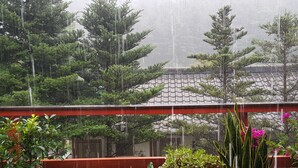 Un edificio de estilo japonés tradicional con tejado de tejas y rodeado de abundante vegetación.