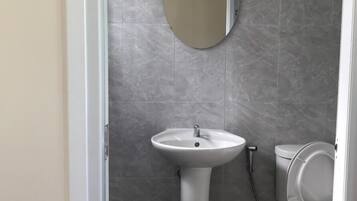A bathroom with a pedestal sink, a toilet, and a mirror on the wall.