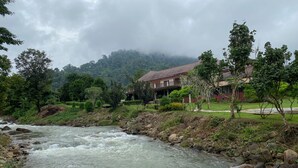 A river flowing past a house with a red roof, surrounded by greenery and trees. - Akantuka Homestay (Makham)