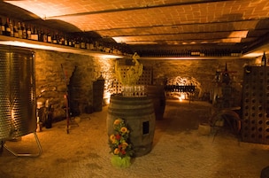 Una bodega con paredes de piedra, estanterías para vino y un barril grande.