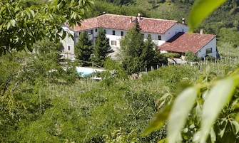 Una casa de dos pisos con techo de tejas rojas, rodeada de abundante vegetación y una piscina.
