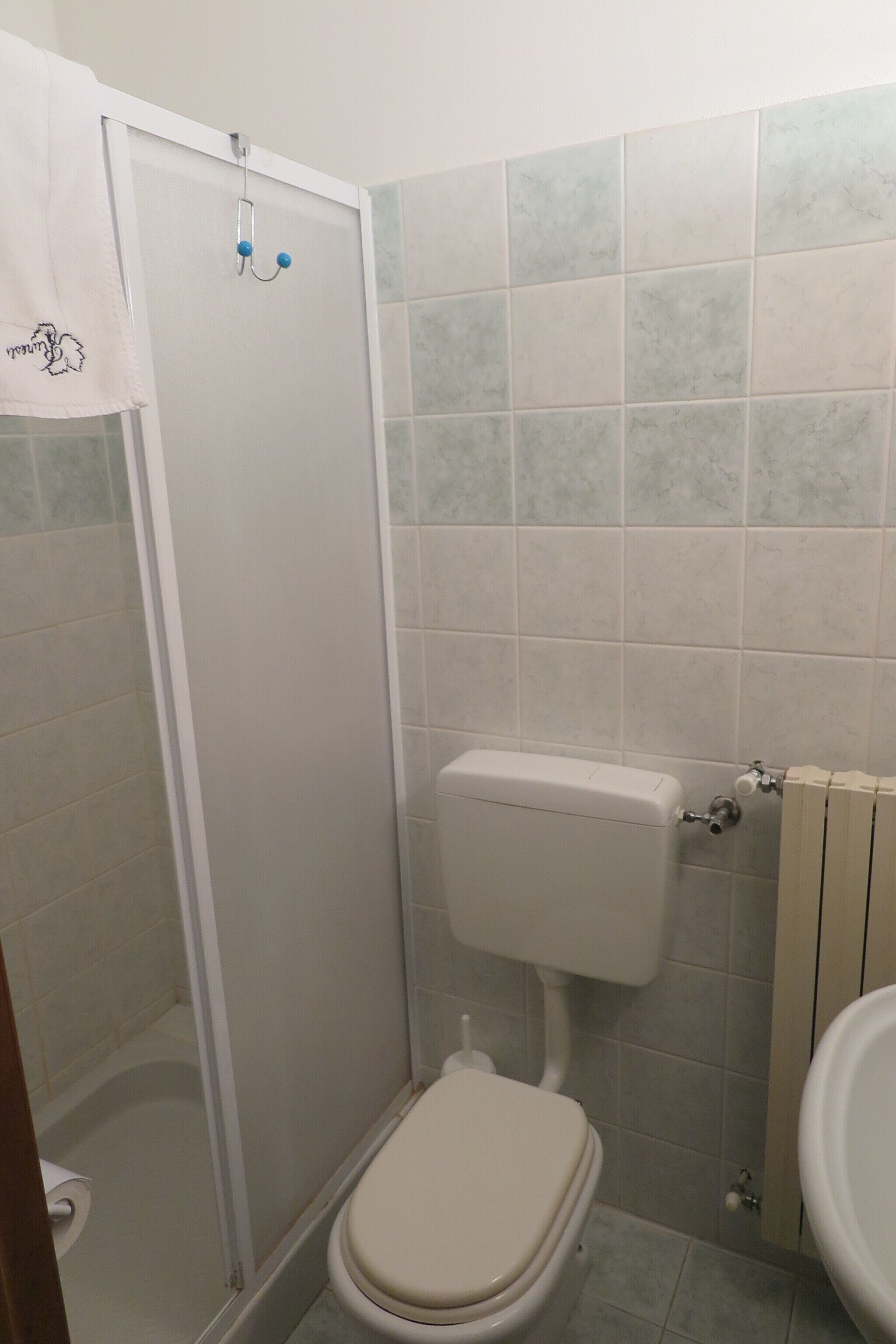 A bathroom with a toilet, a shower enclosure, and a sink.