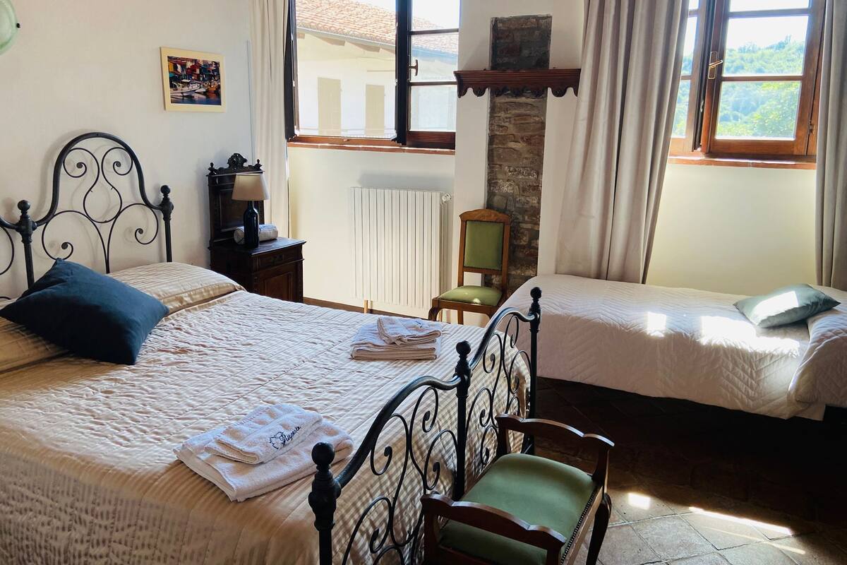 Une chambre avec deux lits, une chaise, un radiateur et une fenêtre donnant sur un paysage verdoyant.