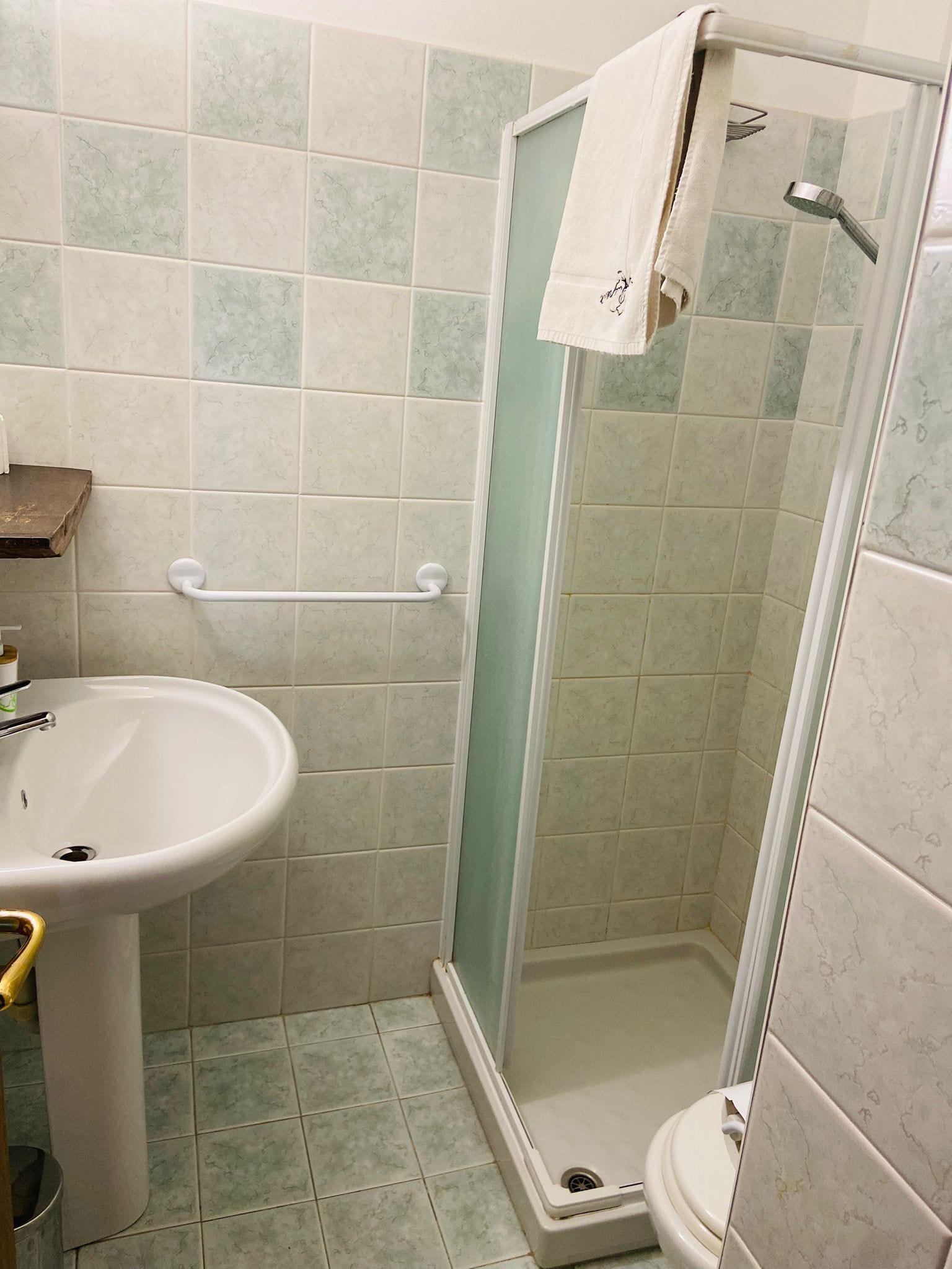 A bathroom with a sink, a shower, and a toilet.