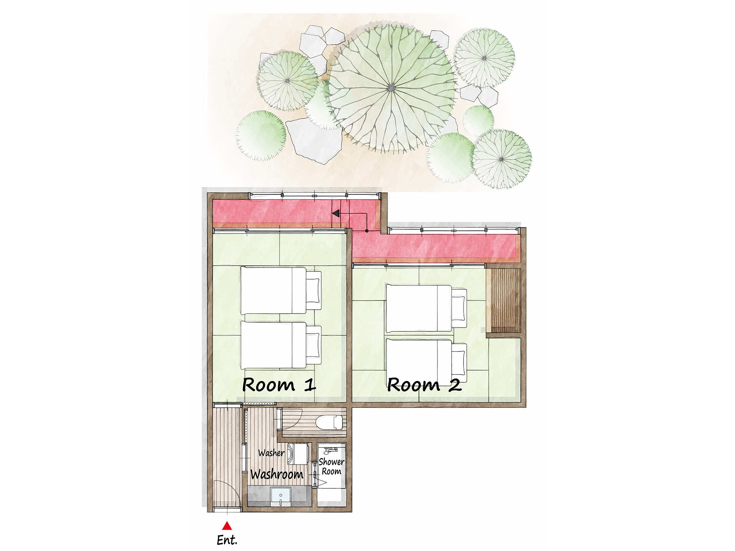 A floor plan of a hotel room layout with two bedrooms, a shared bathroom, and an entrance.