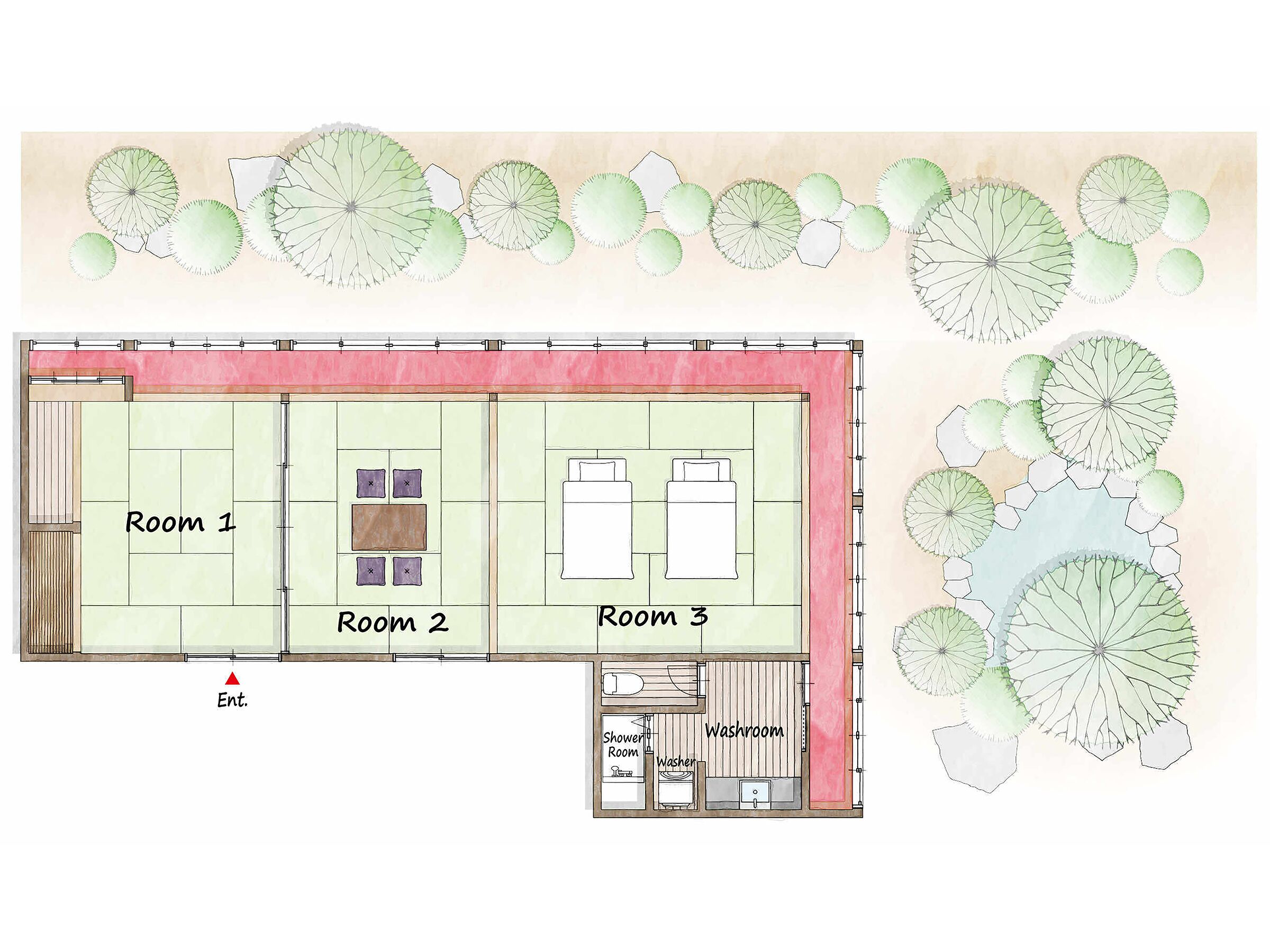 A floor plan of a hotel with three rooms, a bathroom, and an entrance.