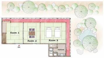 A floor plan of a hotel with three rooms, a bathroom, and an entrance.