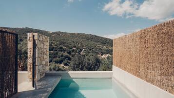 A rooftop infinity pool with a stone wall and a view of a green hillside.