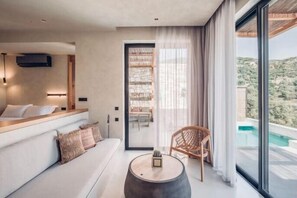Senior Retreat with private pool & olive farm view | Premium bedding, minibar, in-room safe, individually decorated
