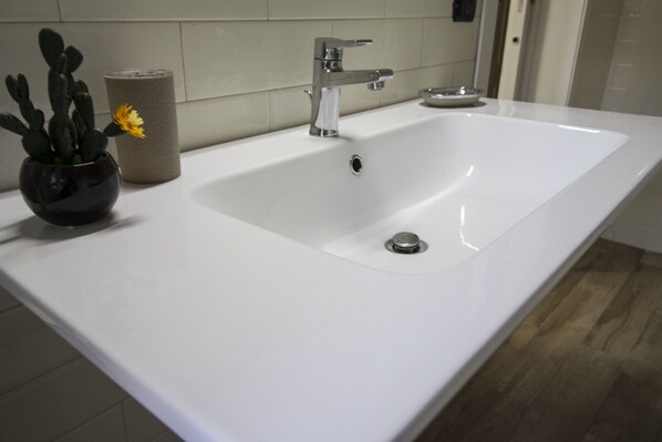 A modern bathroom with a white sink, chrome faucet, and a small cactus plant with a yellow flower. - B&B Arena (Pompei)