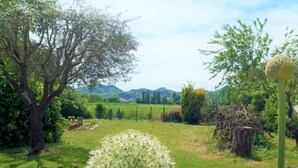 A wooden fence, a large tree, and a field with a distant mountain range. - B&B Dora e Flavio (Montegrotto Terme)