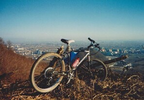 A bicycle parked on a grassy hill with a cityscape in the background. - B&B Dora e Flavio (Montegrotto Terme)