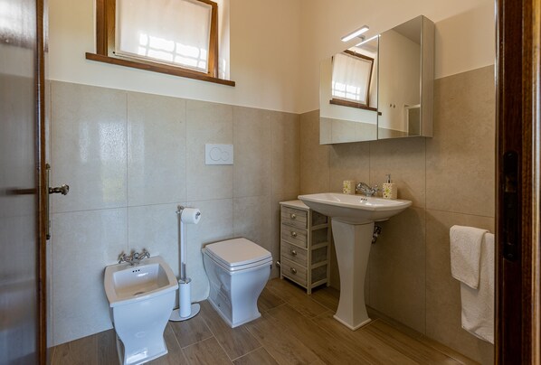 A bathroom with a toilet, bidet, sink, and a mirror above the sink. - B&B Fonteroncone (Montepulciano)