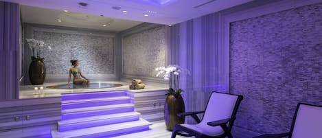 Sauna, spa tub, steam room, body treatments, hot stone massages