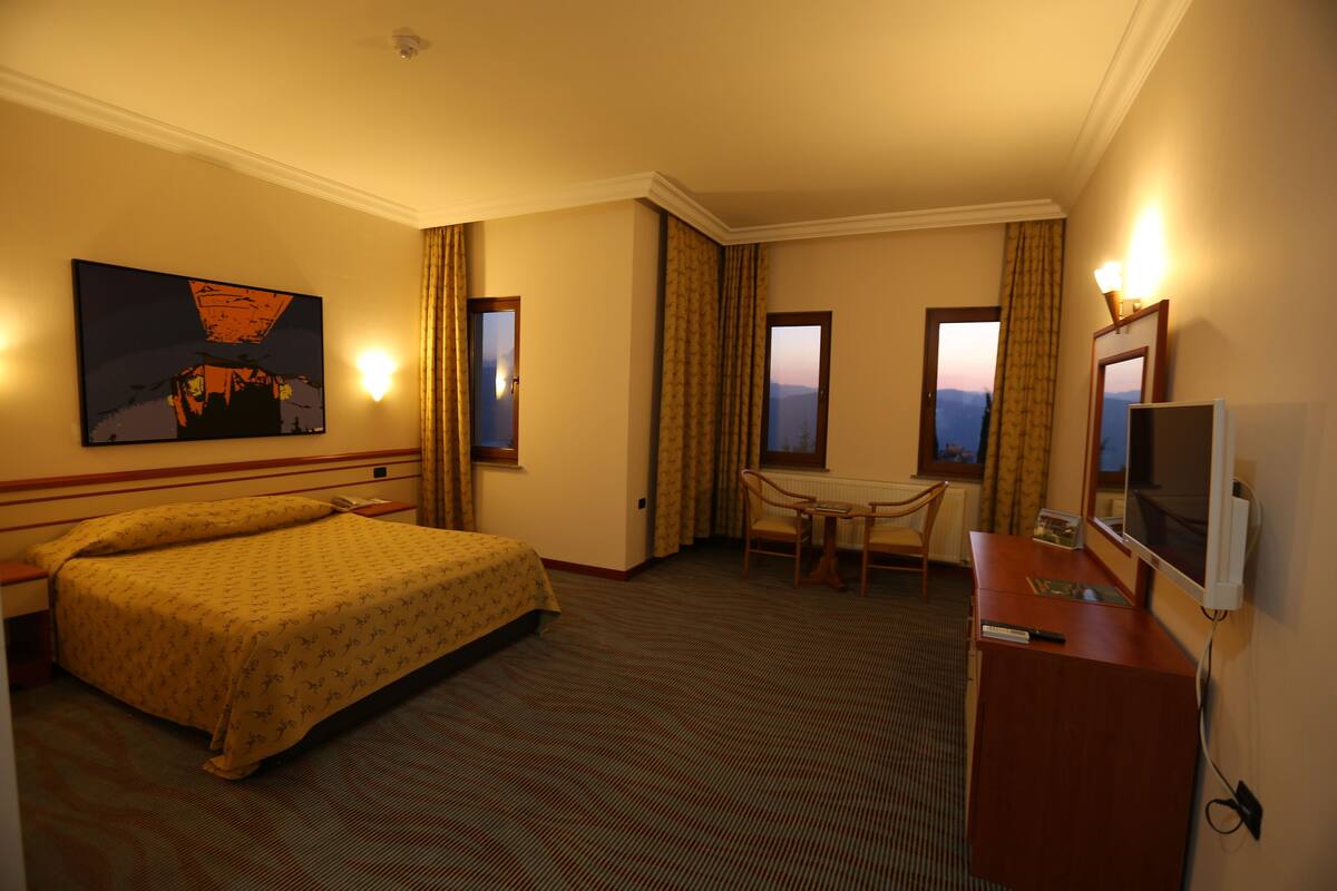 A hotel room with a bed, a desk, a chair, a television, and a painting on the wall.