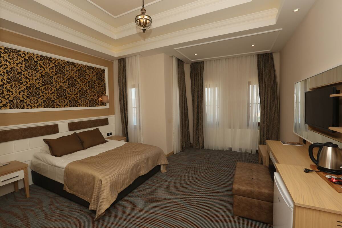 A hotel room with a large bed, a desk, a chair, a sofa, a television, and a coffee maker.