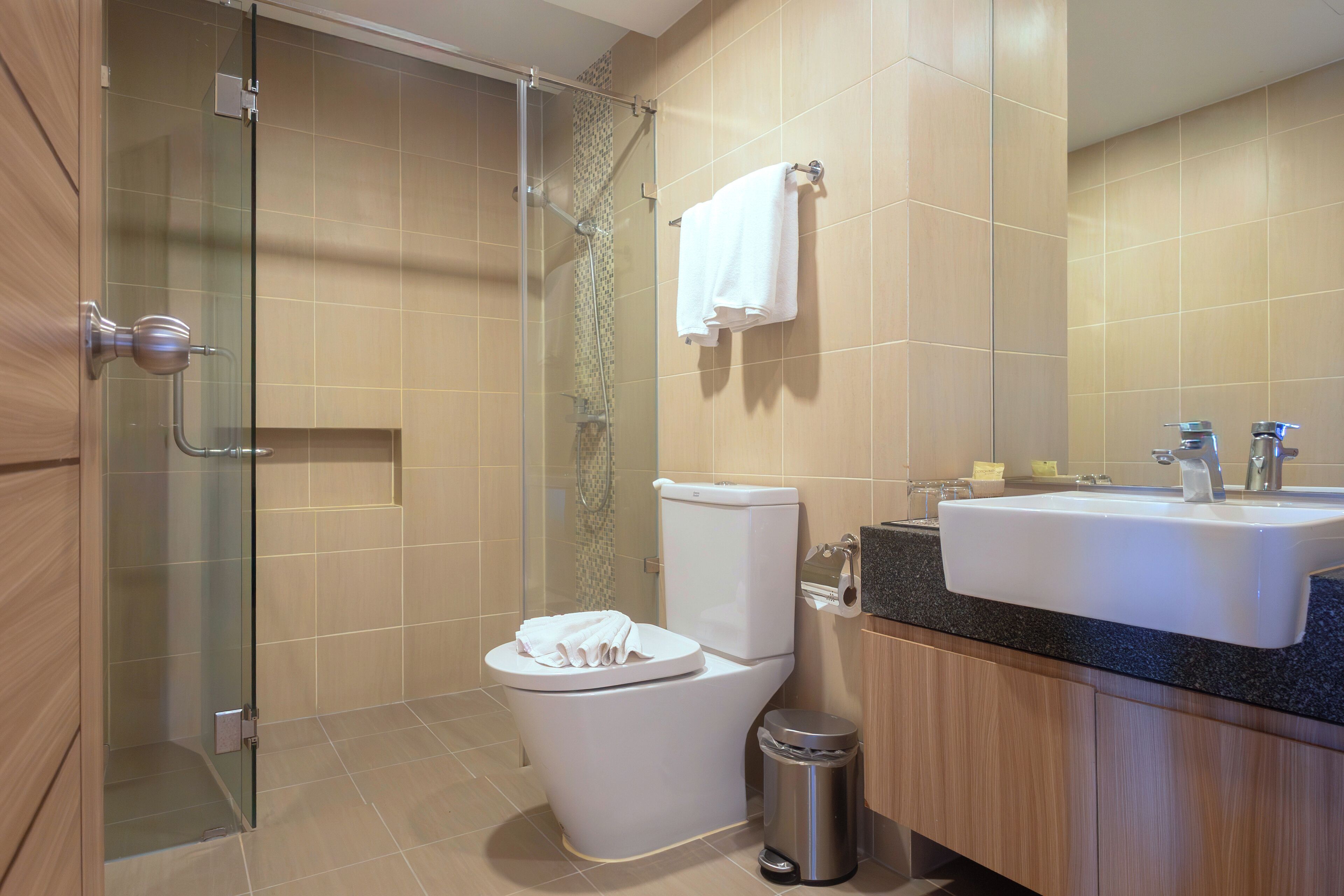 A modern bathroom with a glass shower enclosure, a white toilet, a sink with a black countertop, and a trash can.