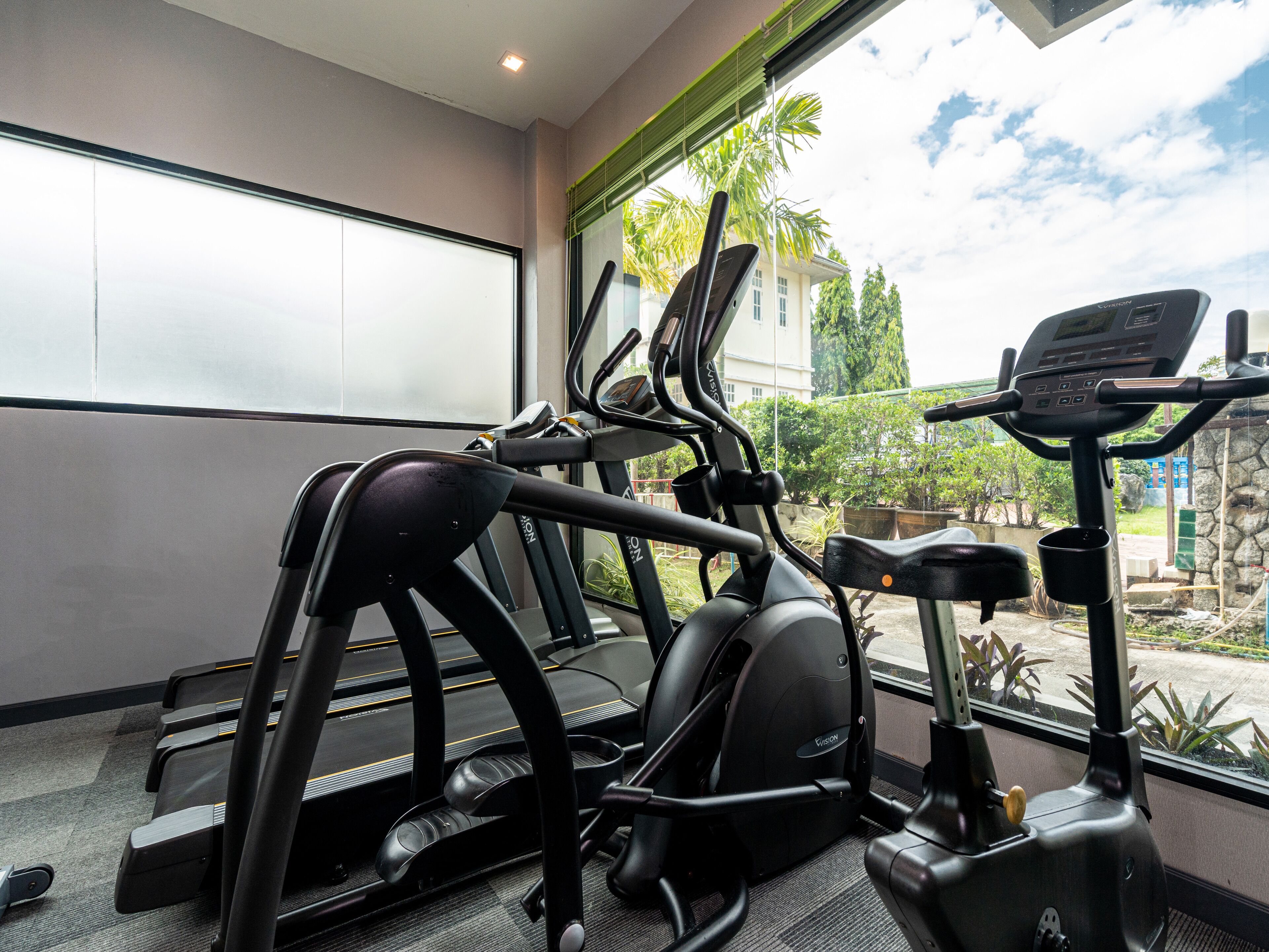 Une salle de sport équipée de tapis de course et d’un appareil elliptique, dotée de grandes fenêtres et offrant une vue sur des palmiers et un bâtiment à l’extérieur.