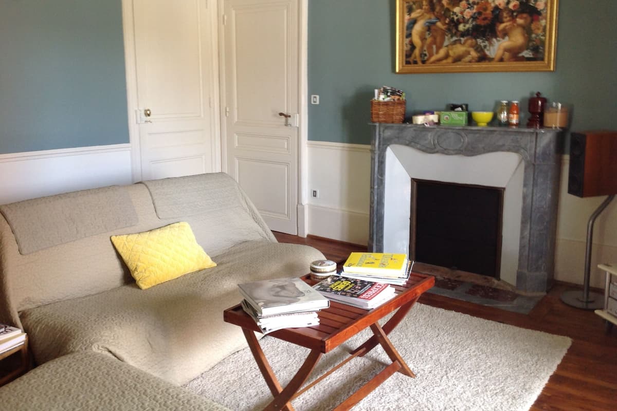 Un salon avec un canapé, une table basse sur laquelle sont posés des livres, une cheminée et un tableau accroché au mur.