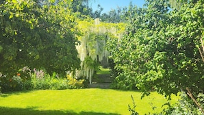 A well-maintained garden with a variety of trees and shrubs, a clear pathway, and a neatly trimmed lawn. - Field View B&B (Goole)