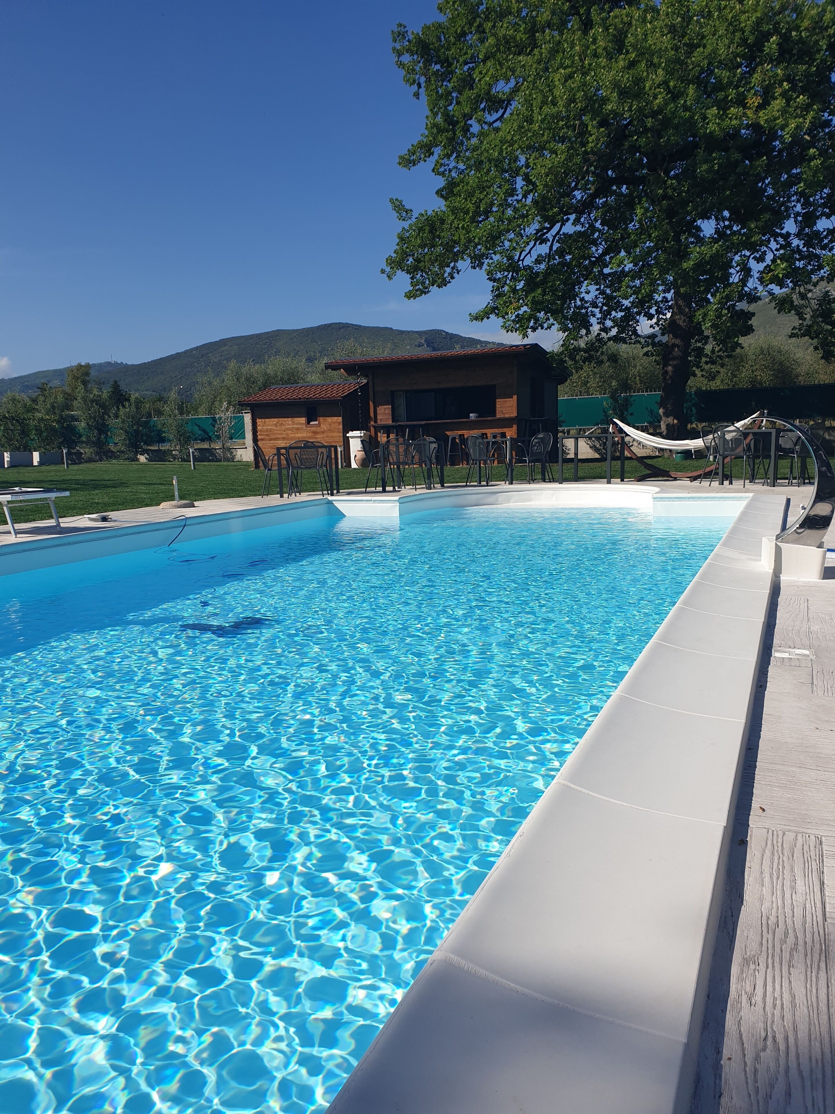 Ein klares Schwimmbecken mit einer Holzterrasse, einer Hängematte und einem Gebäude im Hintergrund.
