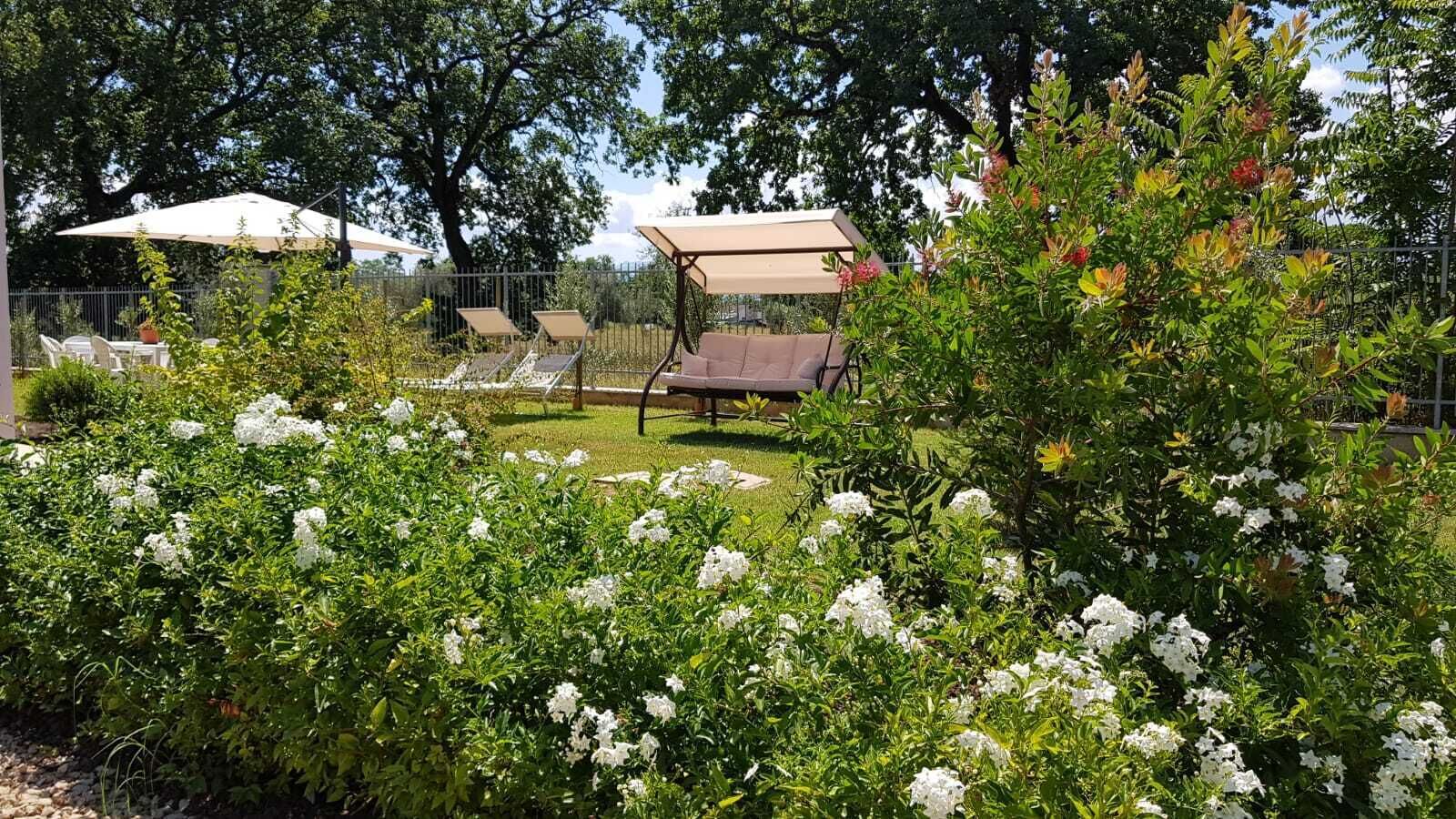 A garden with white flowers, a seating area with a table and chairs, and a pergola with a roof.