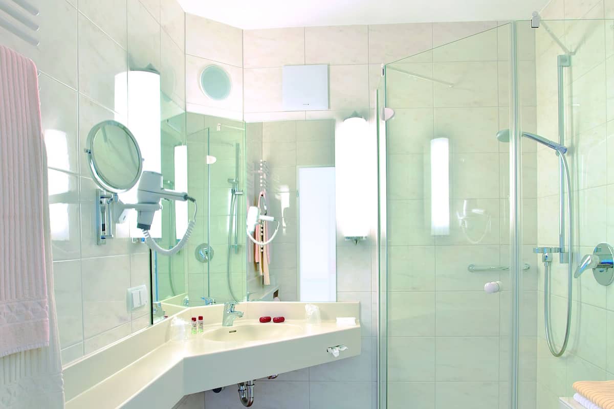 Shower, free toiletries, hair dryer, towels
