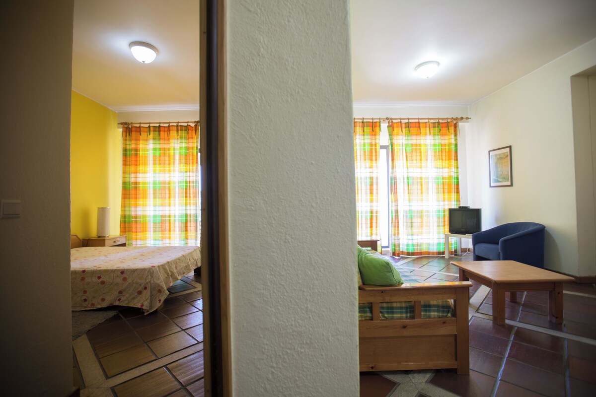 A room with a bed, a small table, a television, and a sofa.