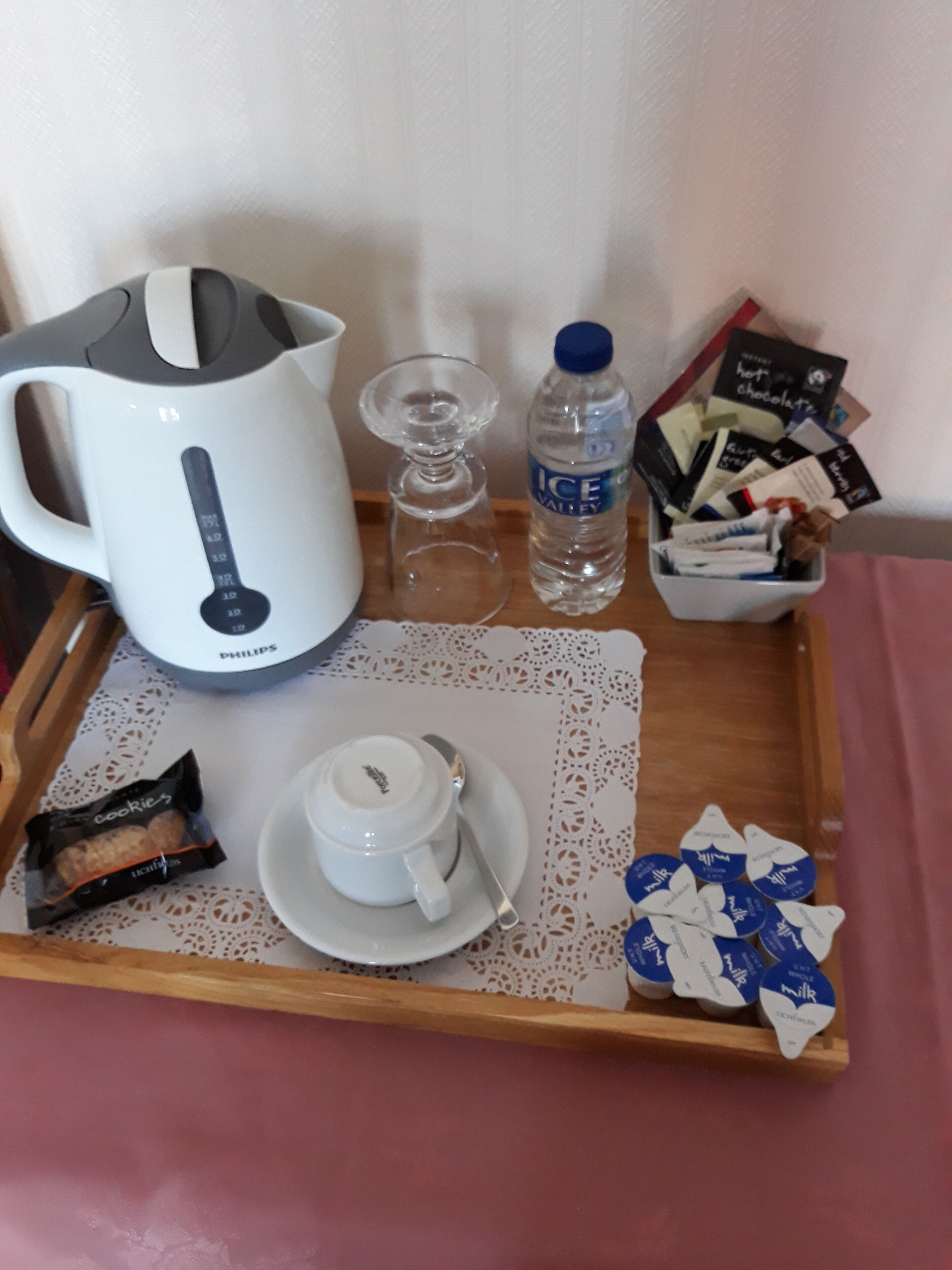 A tray with a Philips kettle, a glass, a bottle of water, a cup, a plate, a doily, and some food items.