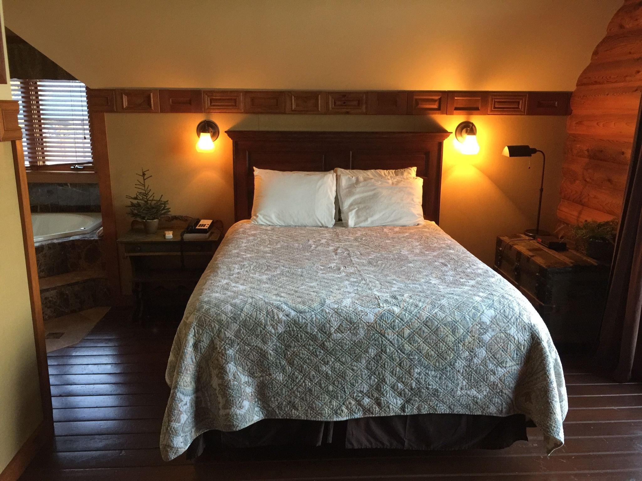 A bedroom with a large bed, wooden headboard, two bedside lamps, a nightstand with a phone, and a small plant.
