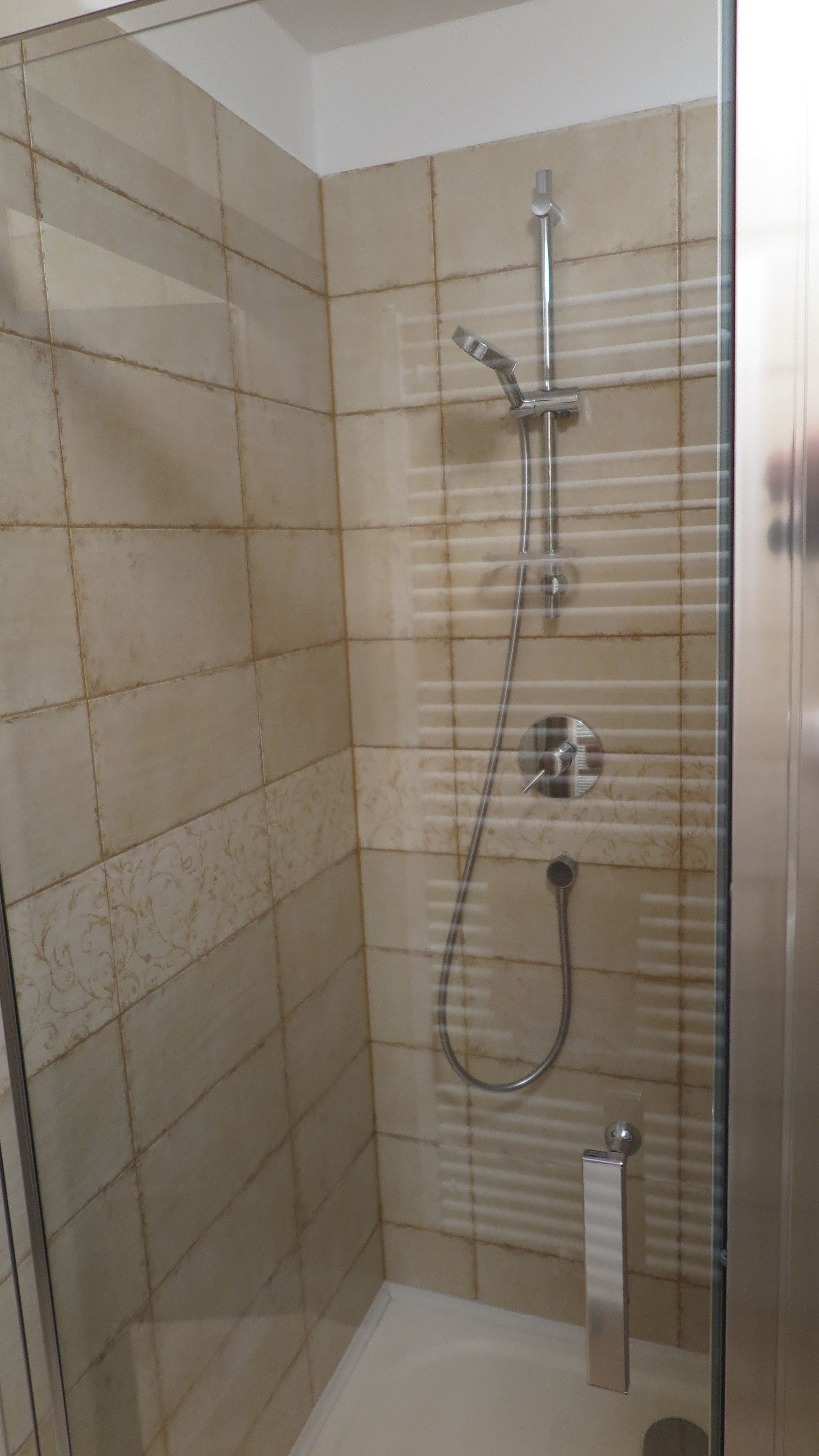Een douche met een handdouche en een wandmengkraan.
