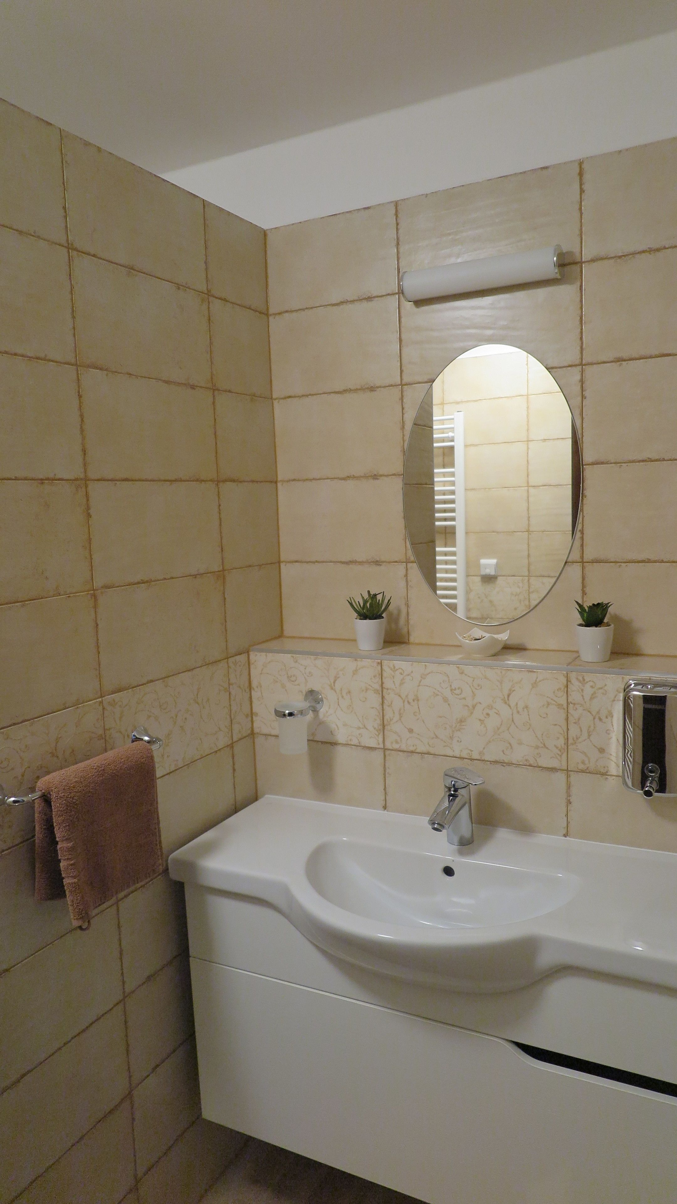 A bathroom with a white sink, a mirror, and two potted plants on the vanity.